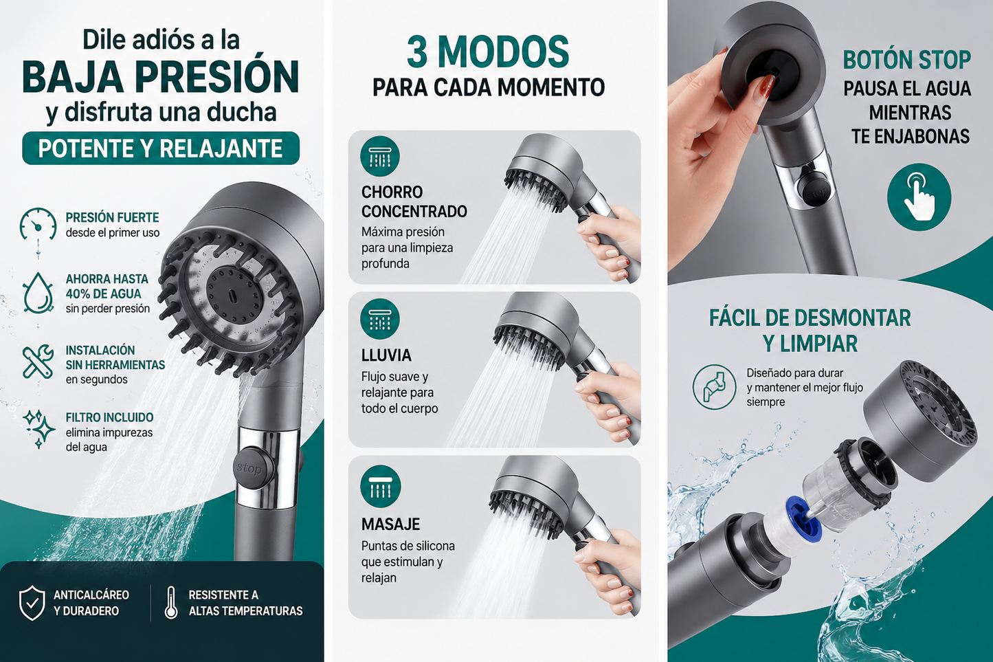 Cabezal de Ducha Alta Presión con Filtro — 3 Modos
