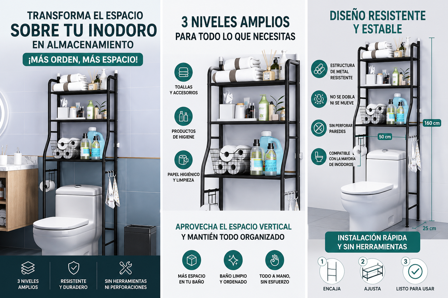 Estante Organizador de Baño — 3 Niveles sobre Inodoro